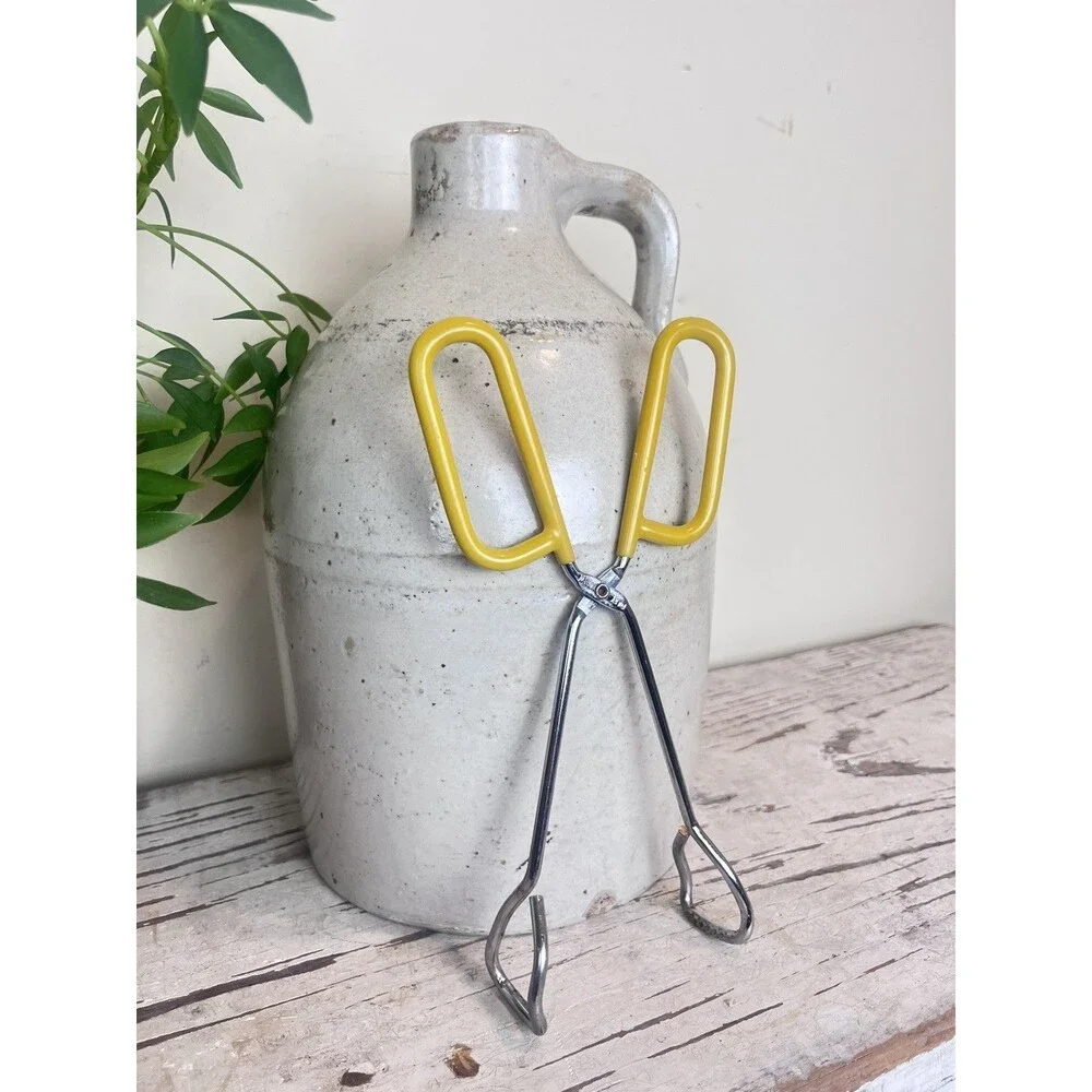 Vintage FOLEY Metal Kitchen Tongs Scissor Grip Yellow Rubber Handle Serving